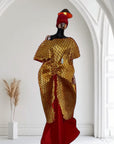 Allure Dress in red and gold brocade with layered wrap overlay