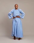 Light blue Celestial Plain Two Piece with pleated fabric and ruched skirt.