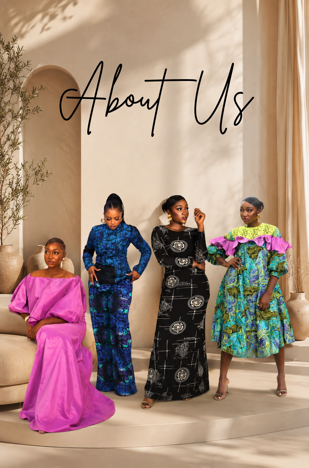 Four women modeling colorful patterned dresses in a warm, sunlit architectural setting with the text 'About Us' written across the top.