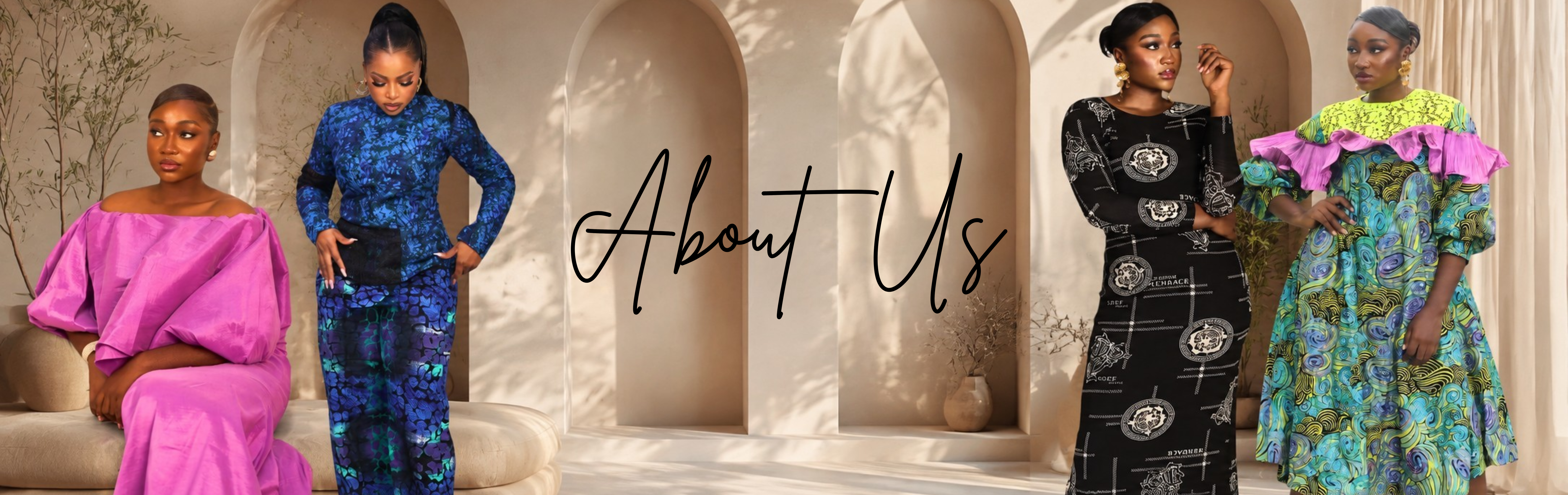 A promotional banner with four models wearing colorful traditional African garments in an arched stone corridor. The text 'About Us' is written in the center.