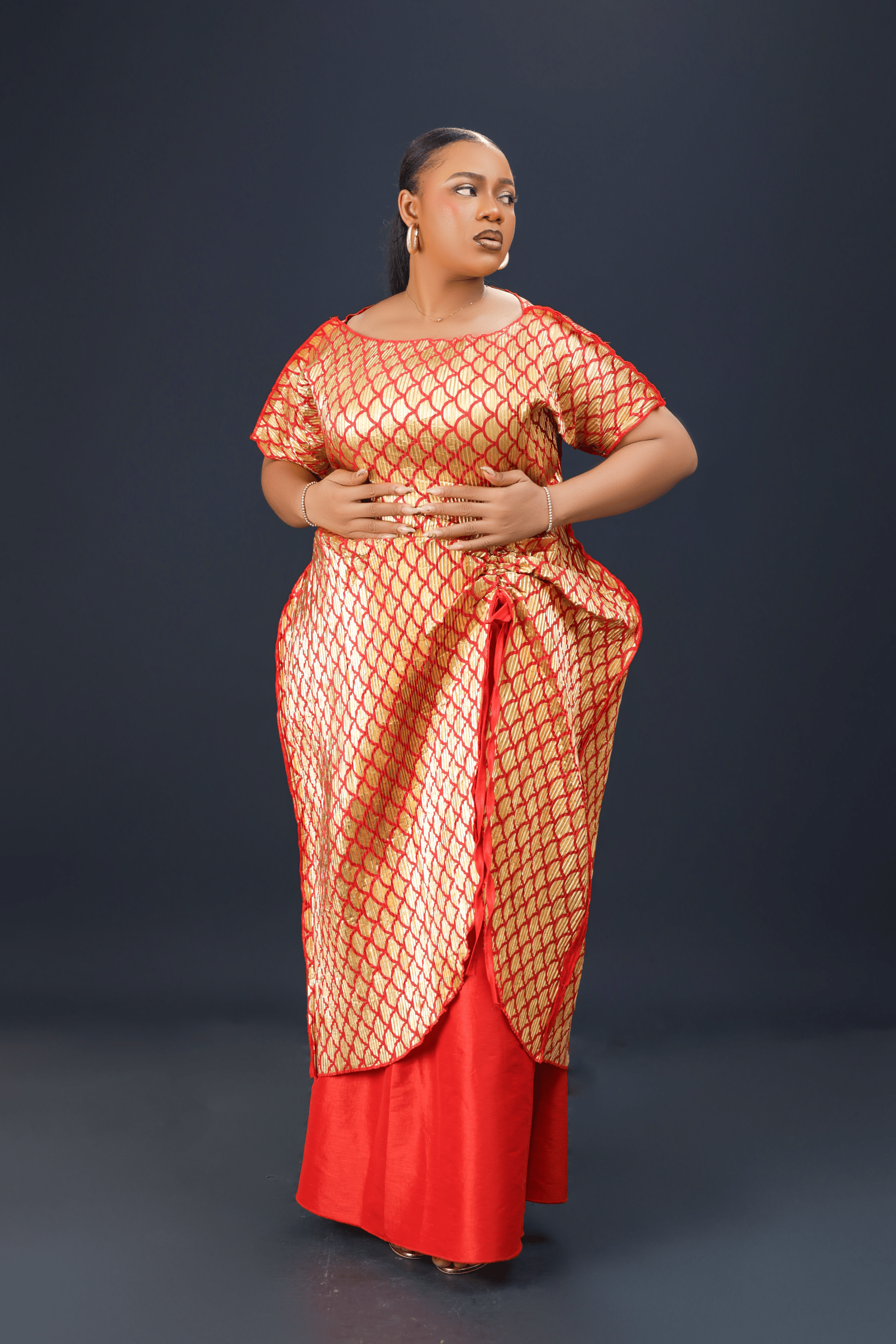  Allure Dress in red and gold brocade with layered wrap overlay


