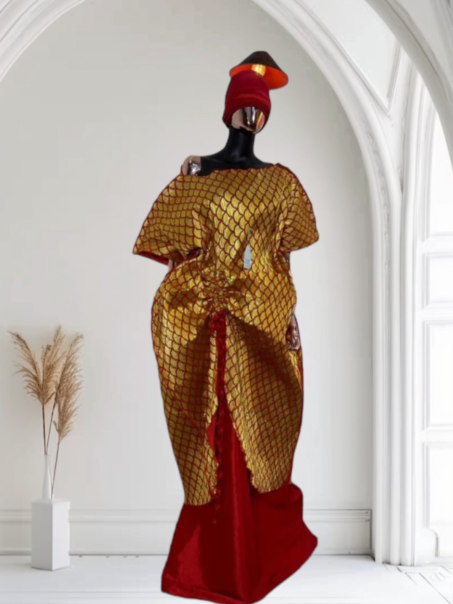 Allure Dress in red and gold brocade with layered wrap overlay

