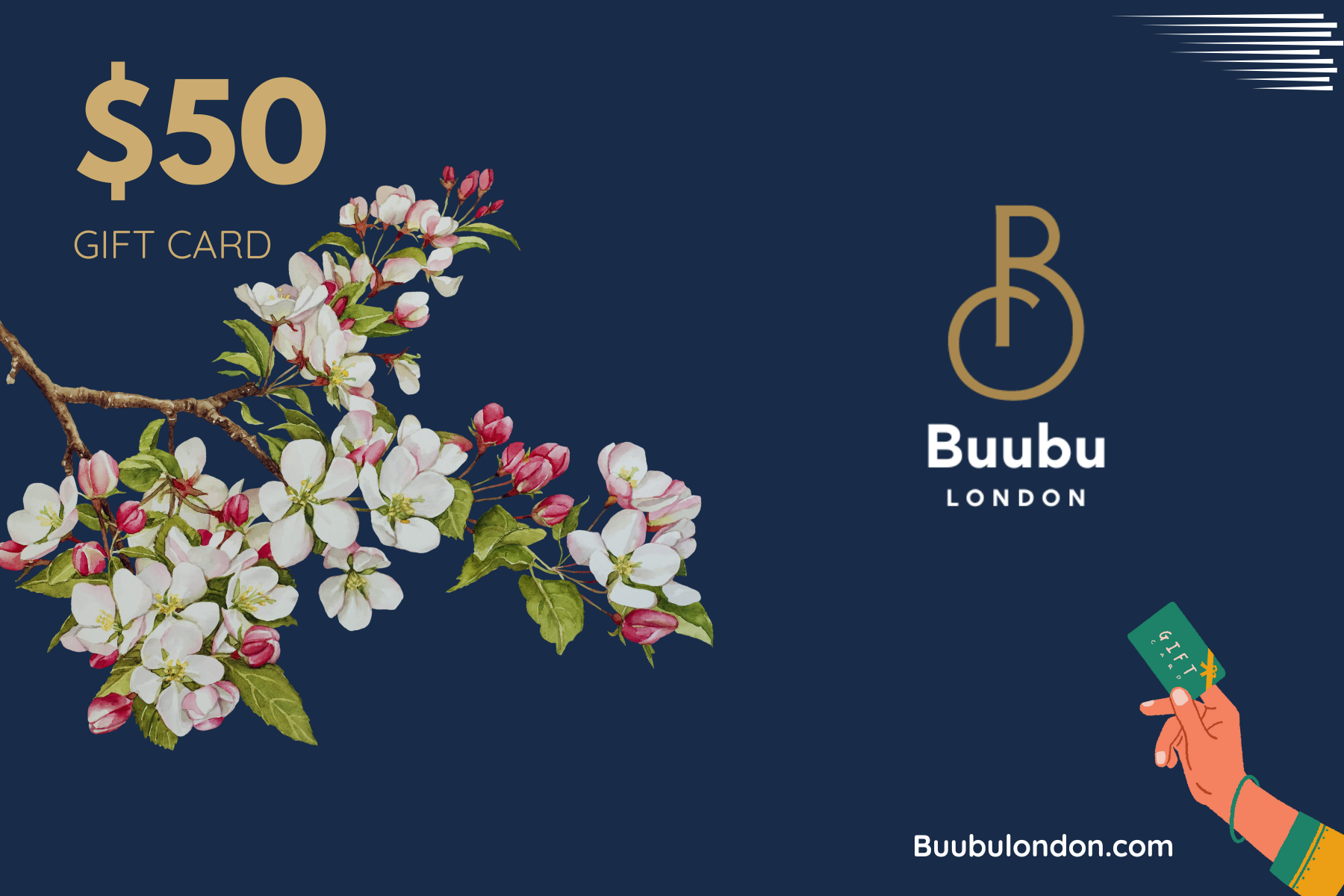 $50 Buubu London gift card with floral design and Buubu London logo on a dark blue background.
