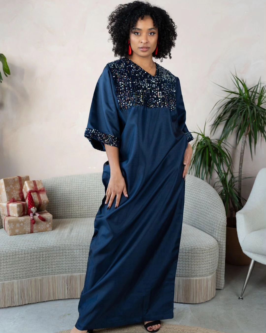 . Embellished silk boubou gown with sequins and relaxed fit
